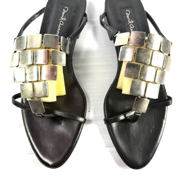 David Aaron, black leather sandals with square metal embellishments - Picture 3 of 10